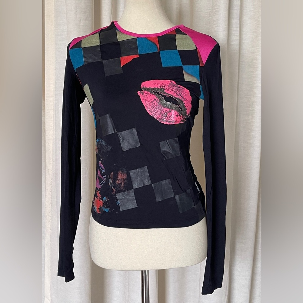 Versace Black Multicolor Lips Print Long Sleeve Top Size M Y2K Vintage Indie